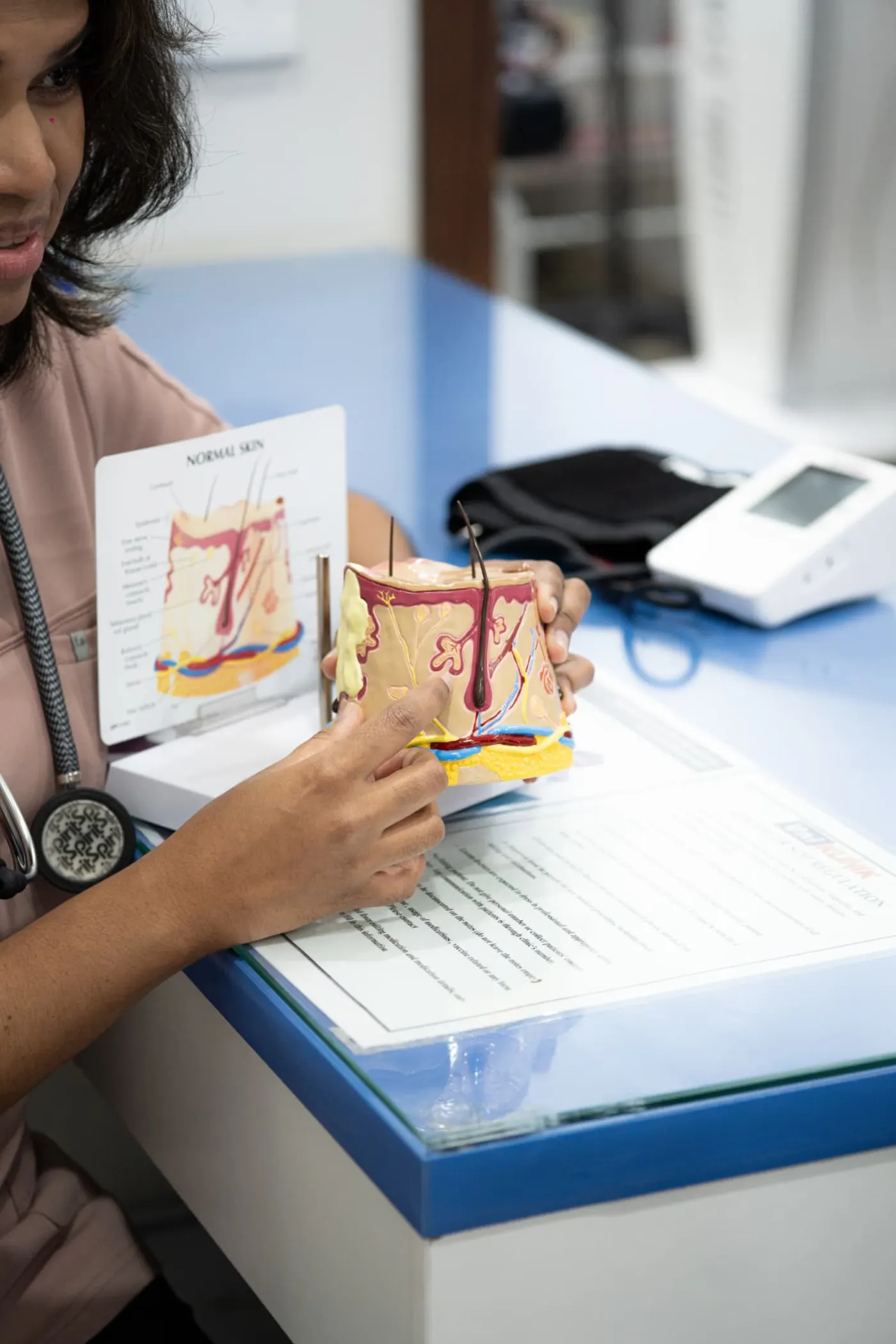 Clinician explaining a model of the skin during a dermatology consultation
